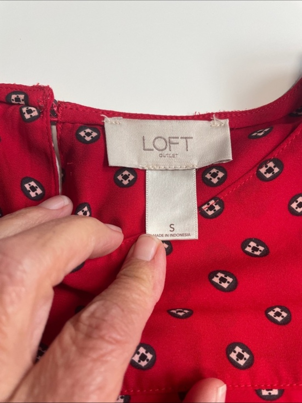 LOFT Red Printed Ruffle-Yoke Long-Sleeve Blouse